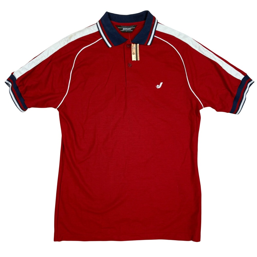 Vintage 80s Jantzen Polo Shirt Size M 20.5in P2P Striped Raglan Red Retro Sporty